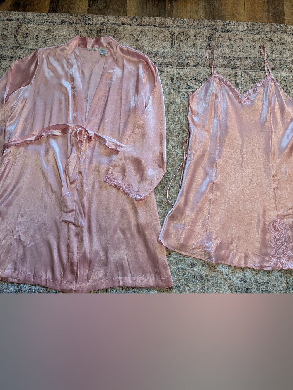 Vintage Adonna Blush Pink Satin With Lace Robe (2Xl) and Slip (XL) Set